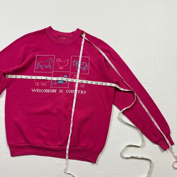 Vintage 90s Wisconsin Is Country Pink Crewneck Sweatshirt, Size Large - Picture 3 of 7